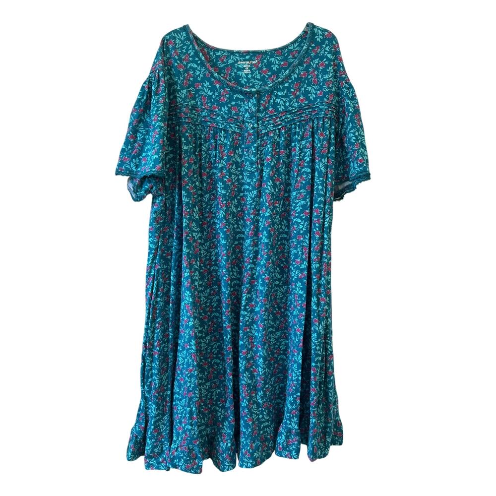 Dreams & Co Teal Floral Sleep Dress / Nightgown Size 4X Cotton Cottage Prairie